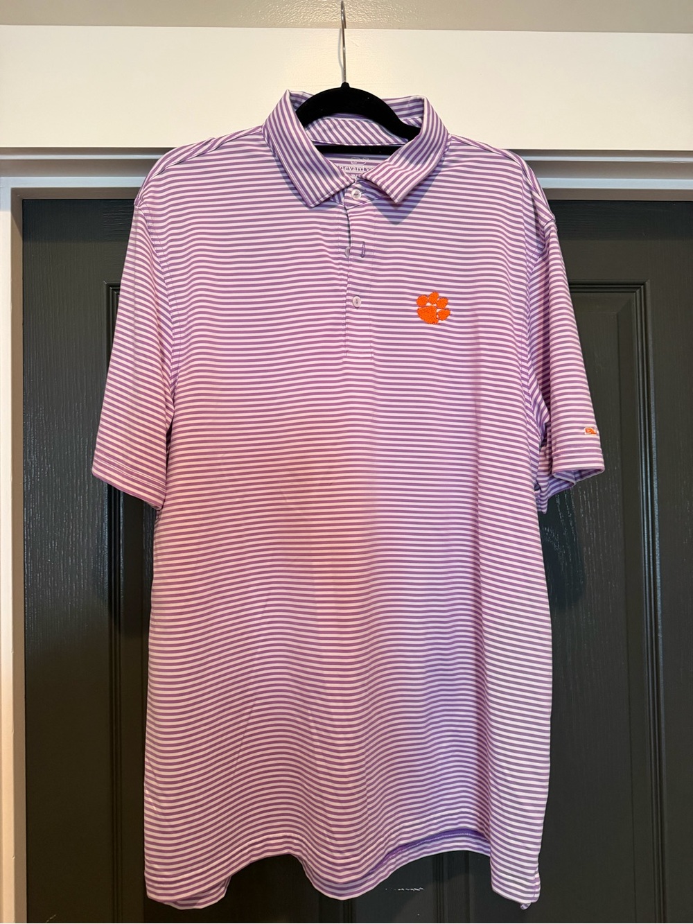 Vineyard Vines Lavender and White Striped Polo with Orange Logo
